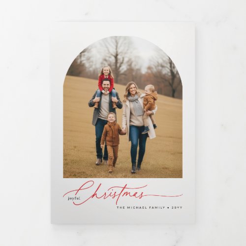 Red Script Winter Family Photo Collage Christmas Tri-Fold Card