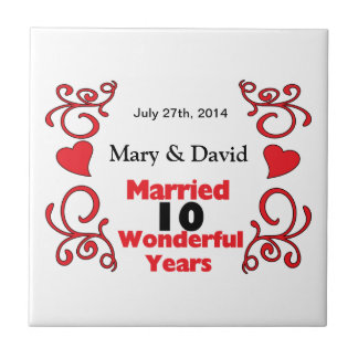 Red Scroll & Hearts Names & Date 10 Yr Anniversary Tile