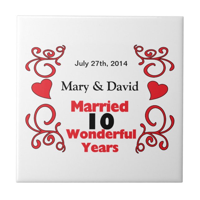 Red Scroll & Hearts Names & Date 10 Yr Anniversary Tile (Front)