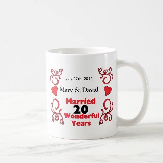 Red Scroll & Hearts Names & Date 20 Yr Anniversary Coffee Mug (Right)