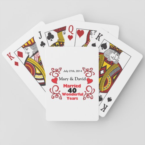 Red Scroll  Hearts Names  Date 40 Yr Anniversary Poker Cards