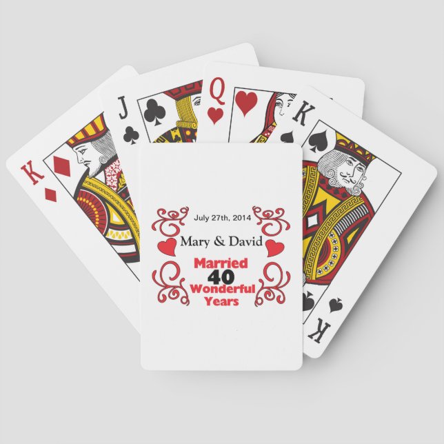Red Scroll & Hearts Names & Date 40 Yr Anniversary Poker Cards (Back)