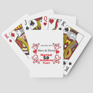 Red Scroll & Hearts Names & Date 50 Yr Anniversary Poker Cards