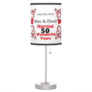 Red Scroll & Hearts Names & Date 50 Yr Anniversary Table Lamp