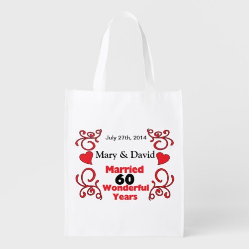Red Scroll  Hearts Names  Date 60 Yr Anniversary Grocery Bag