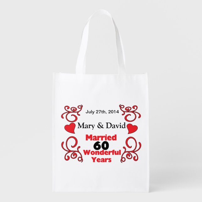Red Scroll & Hearts Names & Date 60 Yr Anniversary Grocery Bag (Front)