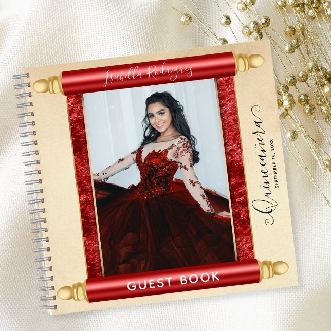 Red Scroll Photo Budget Quinceañera Guest Book (Red Scroll Photo Budget Quinceañera Guest Book)