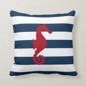 Red Sea Horse Navy Blue Stripes Nautical Pillow by astralcity at Zazzle