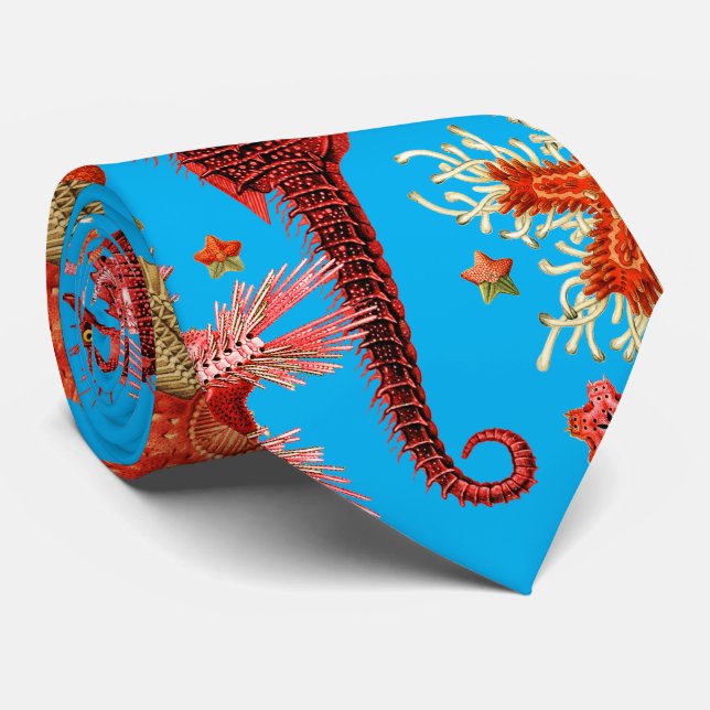 RED SEAHORSE AND SEASTARS IN AQUA BLUE Sea Life Neck Tie (Rolled)