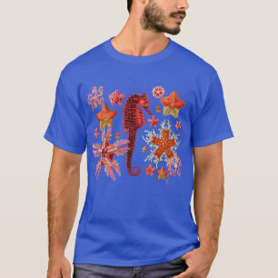 RED SEAHORSE AND SEASTARS IN AQUA BLUE Sea Life T-Shirt