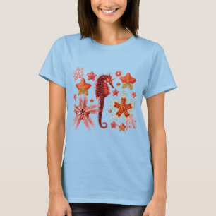 RED SEAHORSE AND SEASTARS IN AQUA BLUE Sea Life T-Shirt