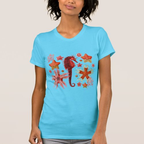 RED SEAHORSE AND SEASTARS IN AQUA BLUE Sea Life T_Shirt