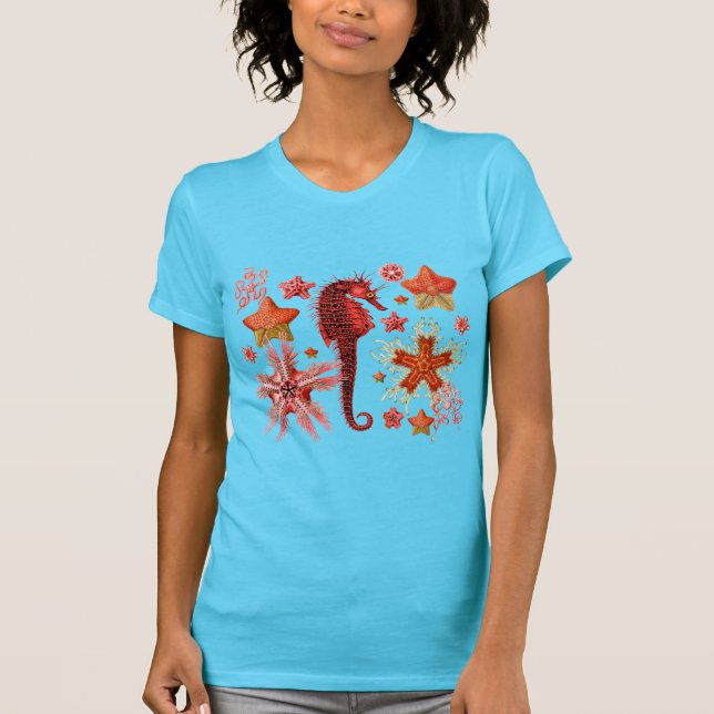RED SEAHORSE AND SEASTARS IN AQUA BLUE Sea Life T-Shirt (Front)