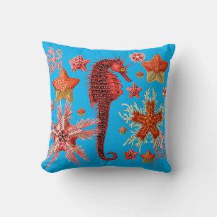 RED SEAHORSE AND SEASTARS IN AQUA BLUE Sea Life Throw Pillow