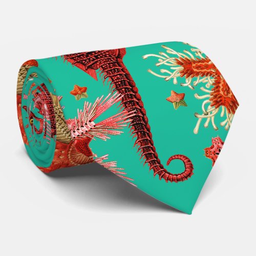 RED SEAHORSE AND SEASTARS TURQUOISE BLUE Sea Life Neck Tie