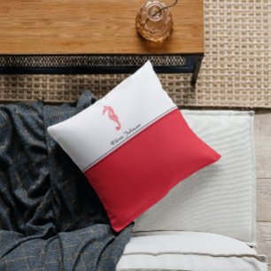Red seahorse drawing sea life name elegant throw pillow