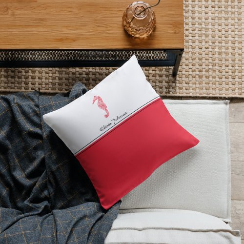 Red seahorse drawing sea life name elegant throw pillow