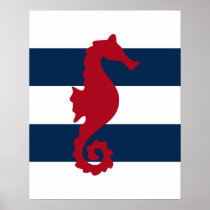 Red Seahorse on navy & white stripes print poster