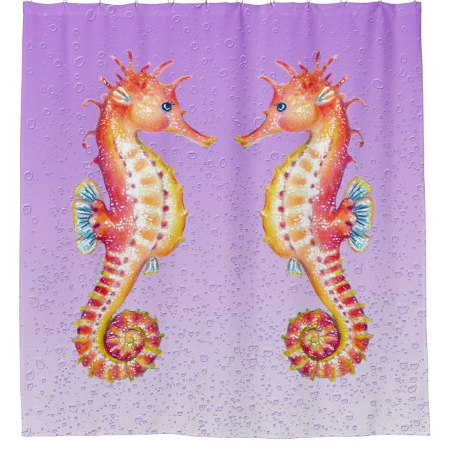 Red Seahorse Purple Bubbles Shower Curtain (Front)