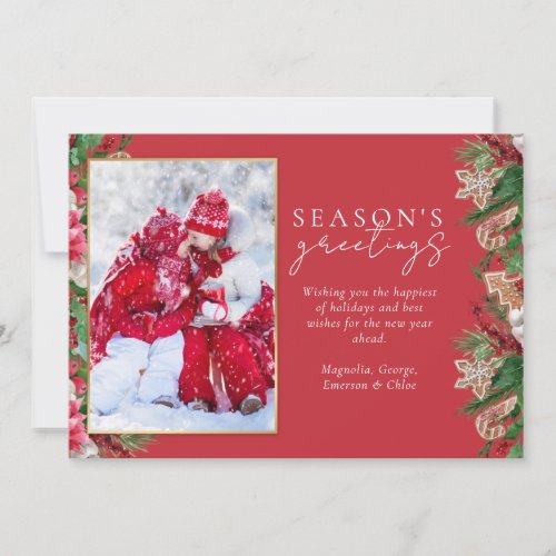 Red Seasons Greetings Gingerbread Foliage Photo Holiday Card