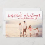 Red Season's Greetings Glitter Look Photo Holiday Card<br><div class="desc">These classic,  simple holiday cards feature a photo and glitter look "season's greetings" in calligraphy script. Personalized with your own family name. The back of these cards features a glittery stripe design.</div>