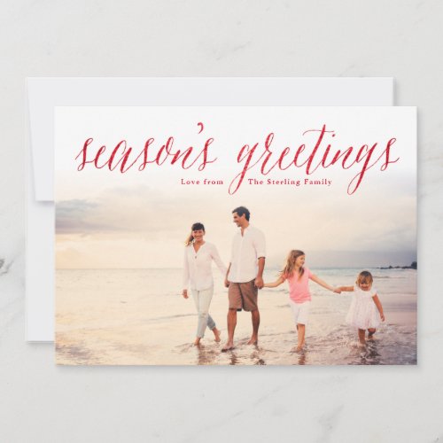 Red Seasons Greetings Glitter Look Photo Holiday Card