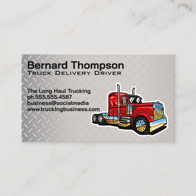 Red Semi Trailer Truck | Metallic Steel Business Card (Front)