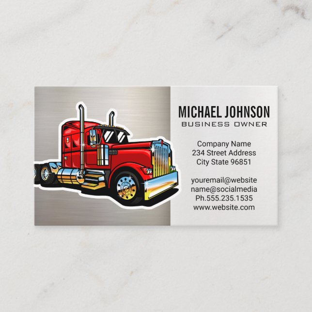 Red Semi Truck Graphic Blue Collar Driver Business Card (Front)