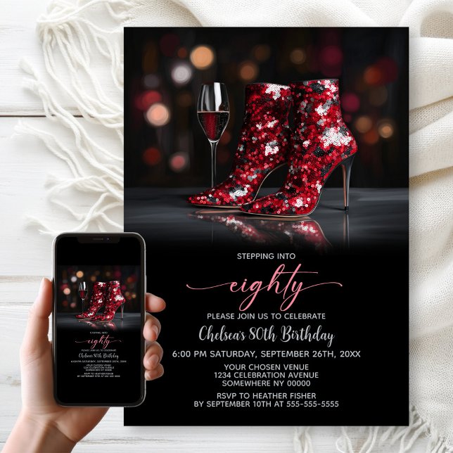 Red Sequin Boots 80th Birthday Party Invitation (Creator Uploaded)