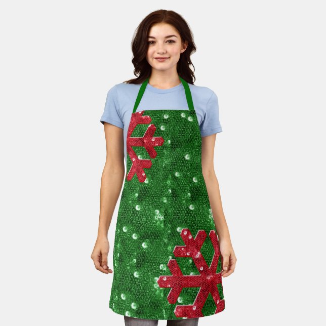 Red Sequin-Look Snowflake Christmas Apron (Worn)