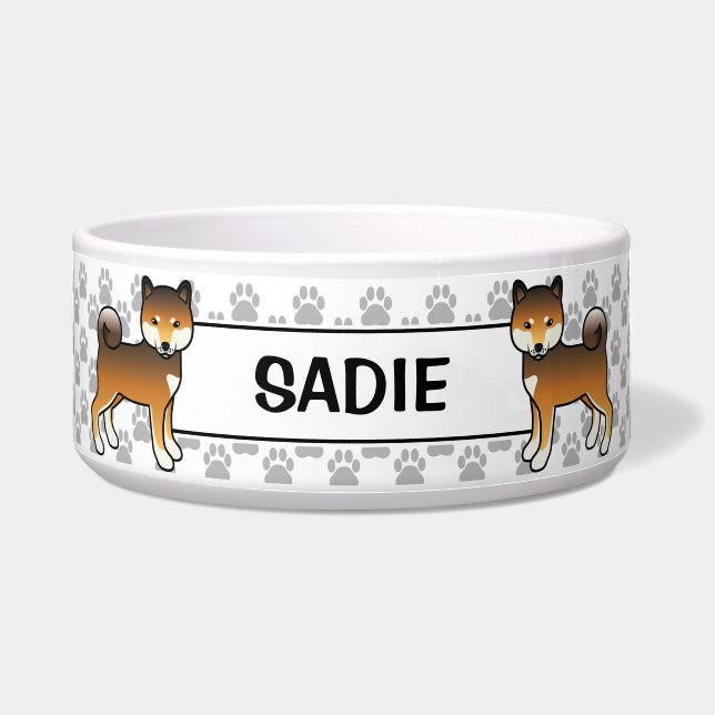 Red Sesame Shiba Inu Cute Dog With Pet's Name Bowl (Front)