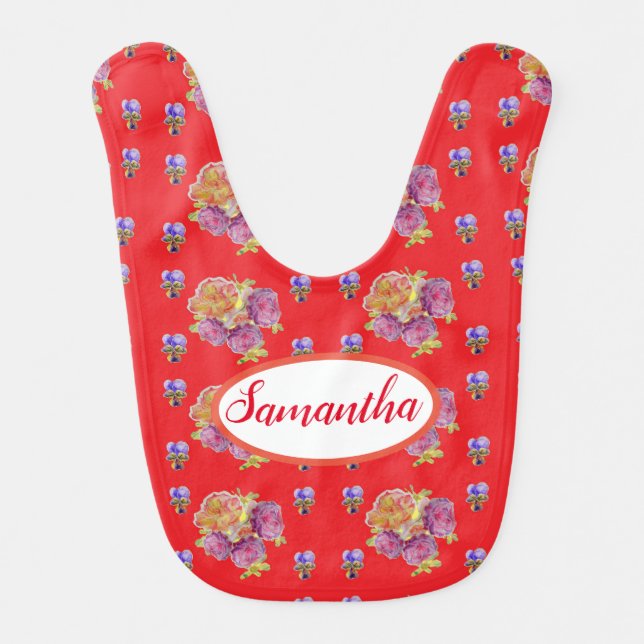 Red Shabby Chic Roses Rose Floral Babies Baby Bib (Front)