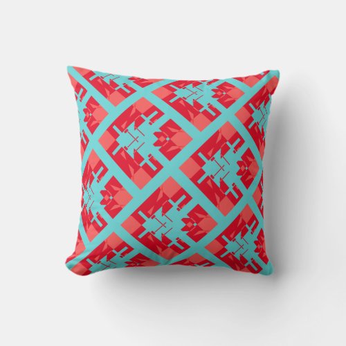 Red Shades Dark Aqua Diagonal Tile Design Throw Pillow
