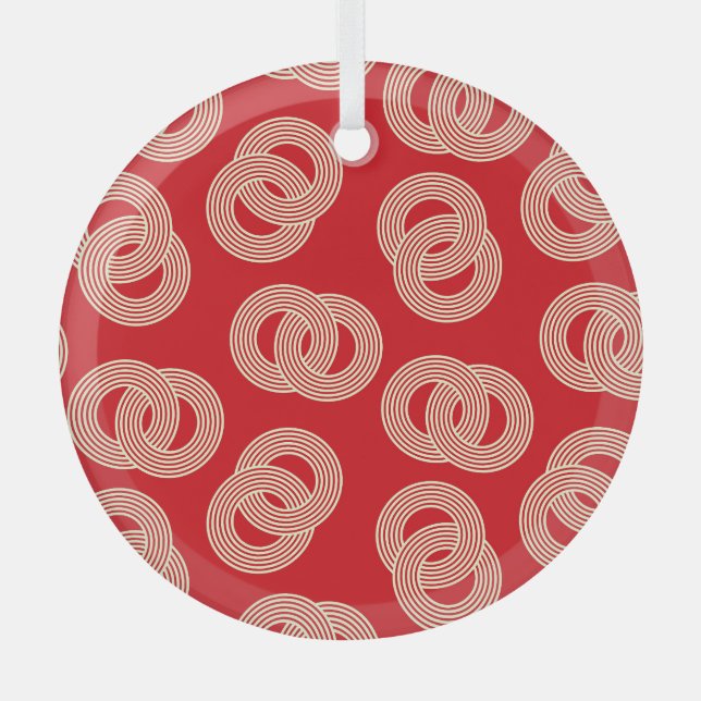 Red shades, interlocked striped rings pattern. glass ornament (Front)