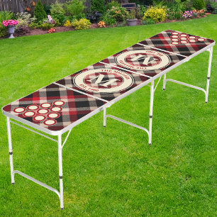 Red Shadow Plaid Family Monogram & Name Beer Pong Table