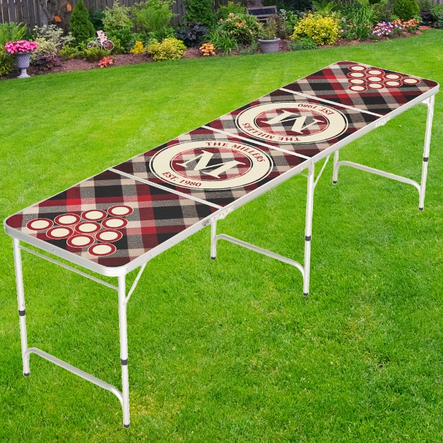 Red Shadow Plaid Family Monogram & Name Beer Pong Table (Creator Uploaded)