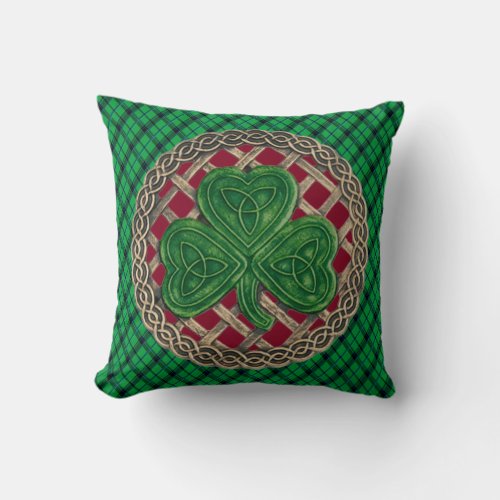 Red Shamrock Celtic Knots On Green Plaid Throw Pillow