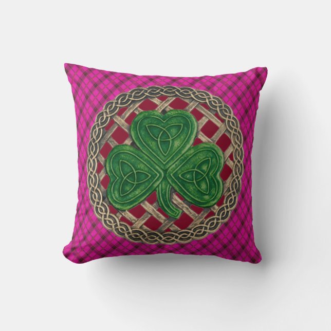 Red Shamrock Celtic Knots On Pink Plaid Throw Pillow (Front)
