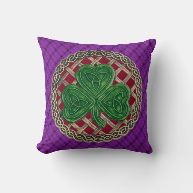 Red Shamrock Celtic Knots On Purple Plaid Throw Pillow (Front)