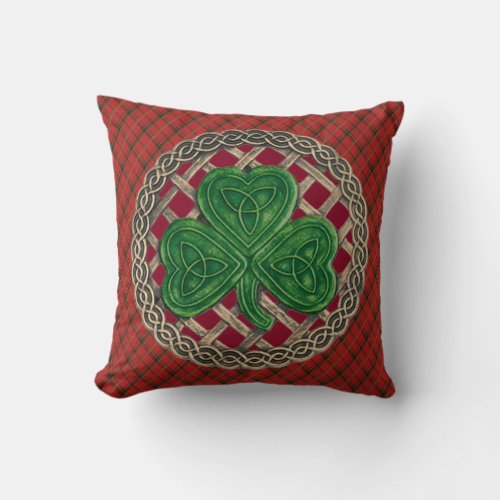 Red Shamrock Celtic Knots On Red Plaid Throw Pillow
