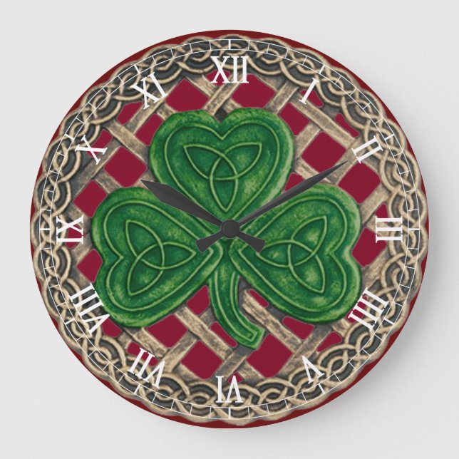 Red Shamrock & Celtic Knots Roman Numerals Clock (Front)