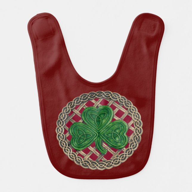 Red Shamrock On Celtic Knots Baby Bib (Front)