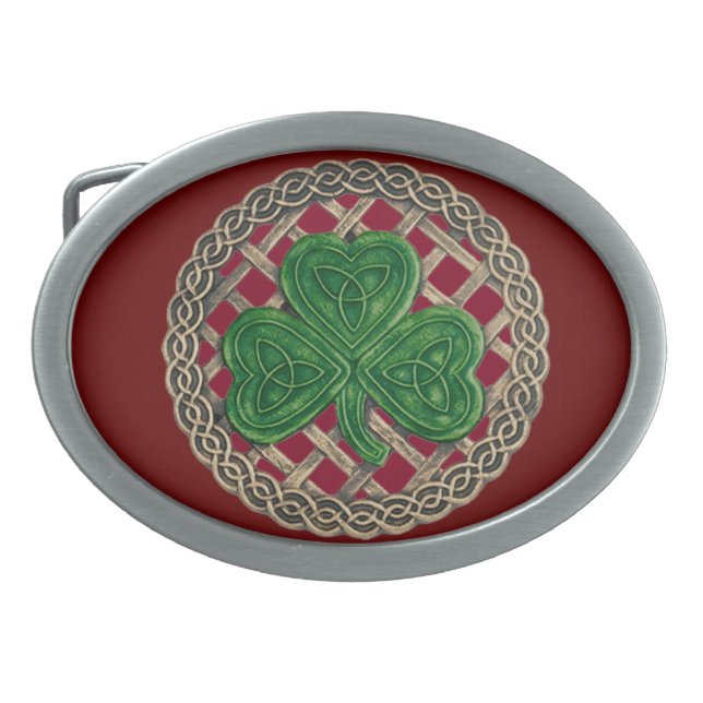 Red Shamrock On Celtic Knots Belt Buckle (Front)