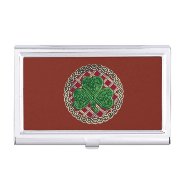 Red Shamrock On Celtic Knots Business Card Holder (Front)