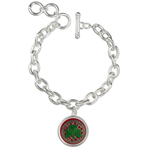 Red Shamrock On Celtic Knots Charm Bracelet