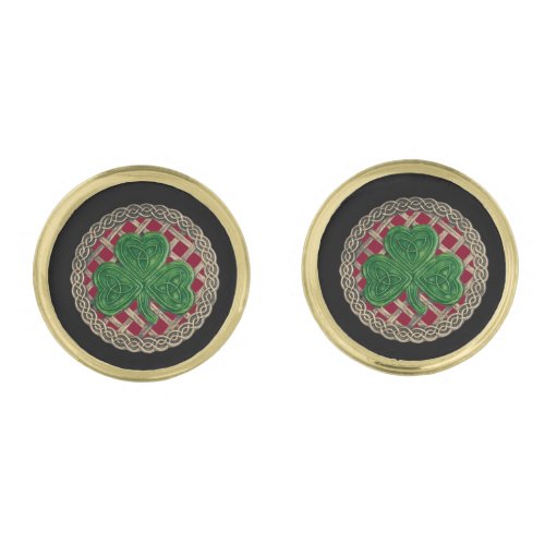 Red Shamrock On Celtic Knots Cufflinks