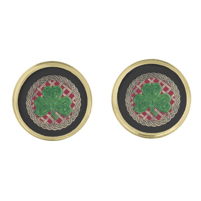 Red Shamrock On Celtic Knots Cufflinks (Front)