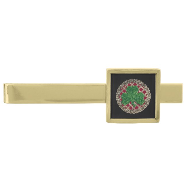 Red Shamrock On Celtic Knots Tie Bar (Front)