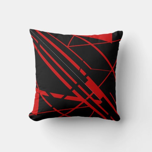 Red Shapes Lines on Black Abstract Flowing Design Throw Pillow