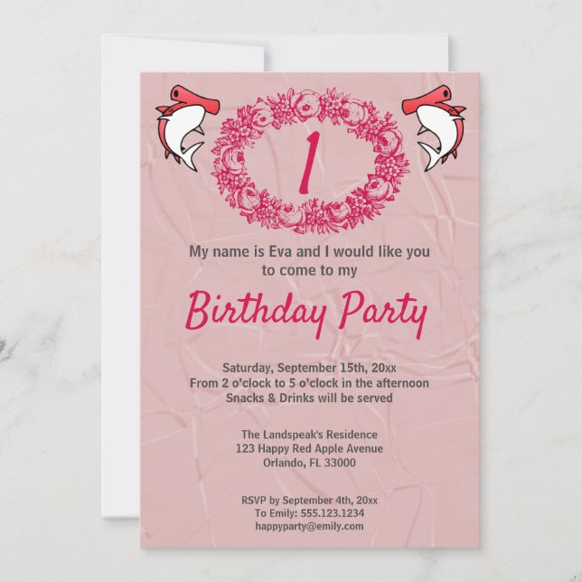Red Sharks & Rose Wreath 1st Birthday Invitation (Front)